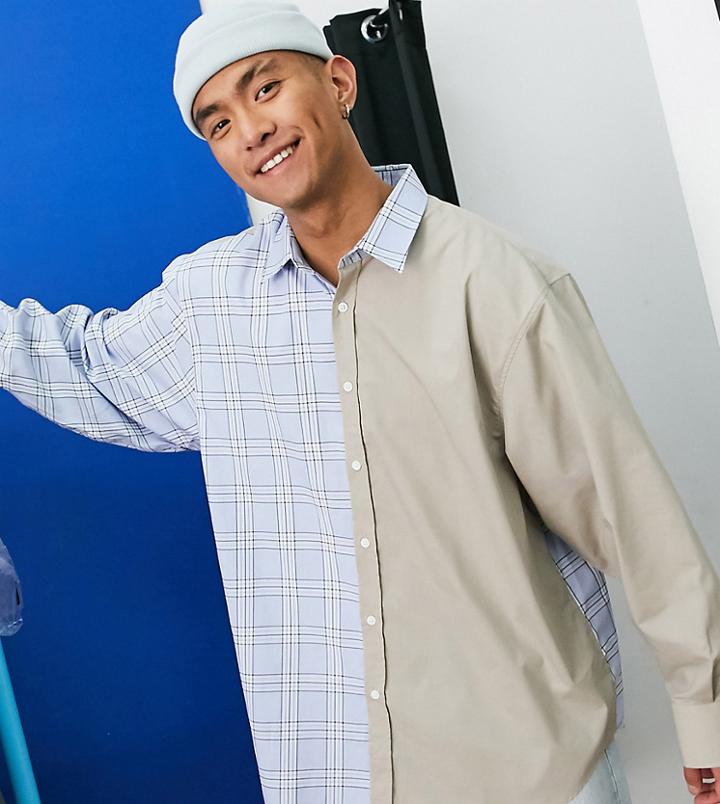 Collusion Long Sleeve Splice Check Shirt-brown