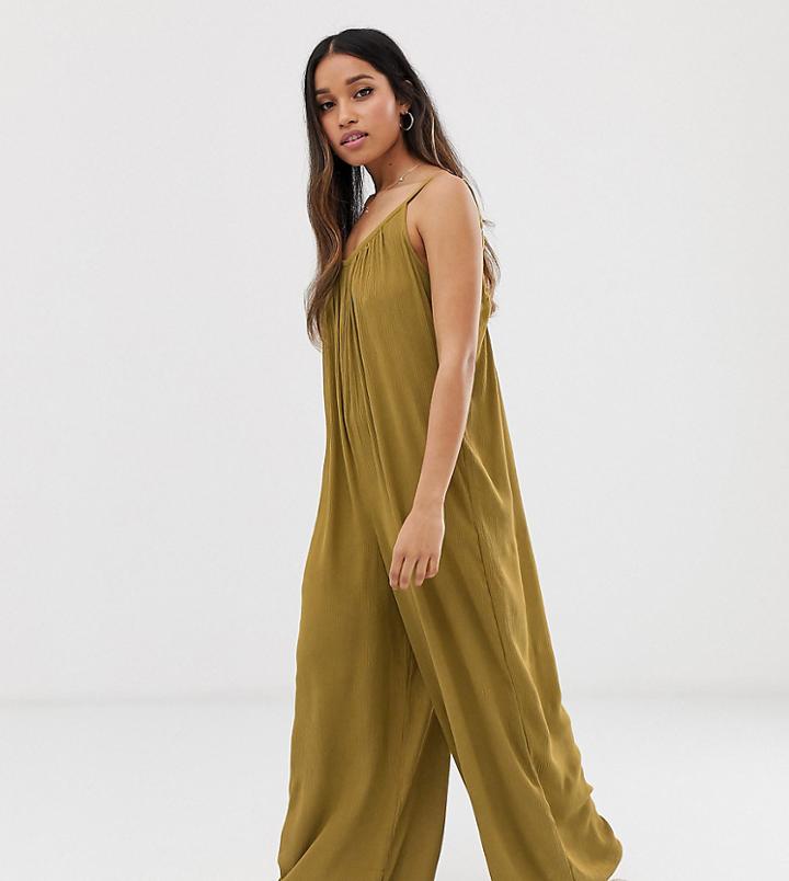 Asos Design Petite Low Back Jumpsuit In Crinkle - Green