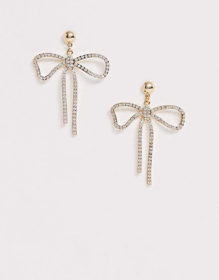 Asos Design Earrings In Crystal Bow Design In Gold Tone - Gold