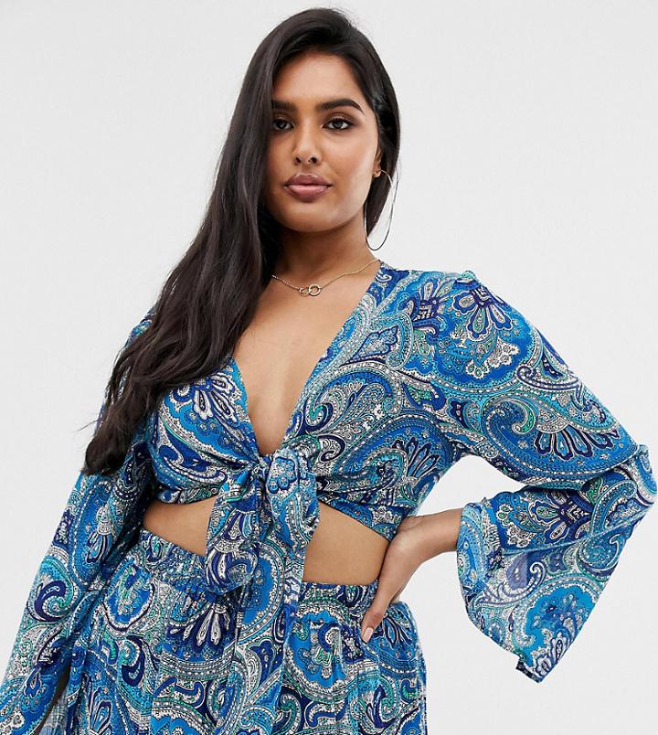 Asos Design Curve Washed Paisley Print Tie Front Beach Top Two-piece - Multi