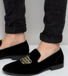 Asos Wide Fit Loafers In Black Faux Suede With Crown Embroidery - Black