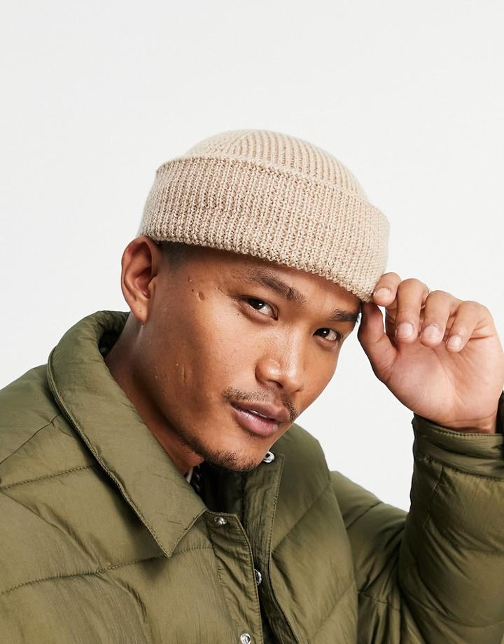 Asos Design Lambswool Mini Fisherman Beanie In Stone-neutral