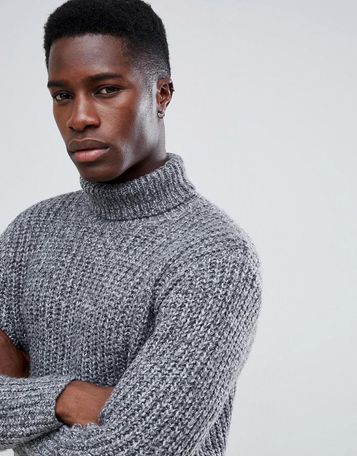 Asos Design Heavyweight Fisherman Rib Roll Neck Sweater In Gray - Gray