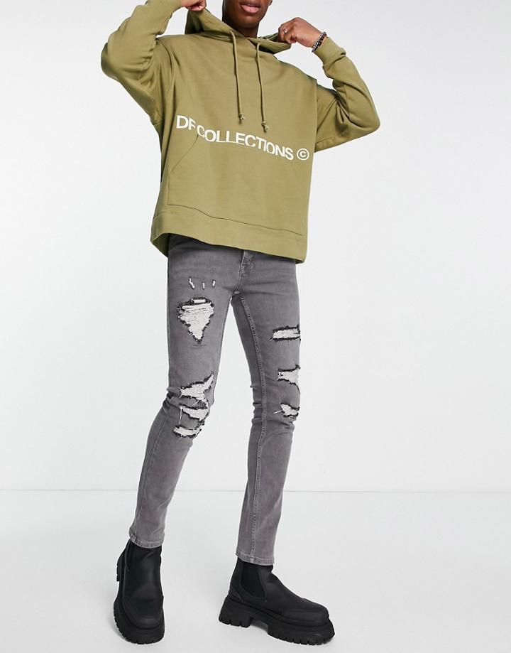 Topman Rip N Repair Stretch Skinny Jeans In Gray