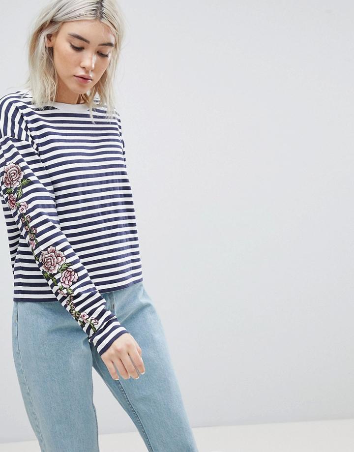 Asos Striped Long Sleeve T-shirt With Rose Embroidery - Multi