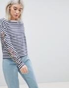 Asos Striped Long Sleeve T-shirt With Rose Embroidery - Multi