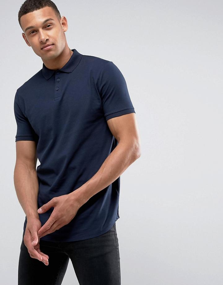 Asos Polo Shirt In Jersey With Curved Hem In Navy - Navy