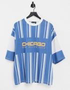 Asos Design Oversized Organic Stripe T-shirt In Blue With Chicago City Print-multi