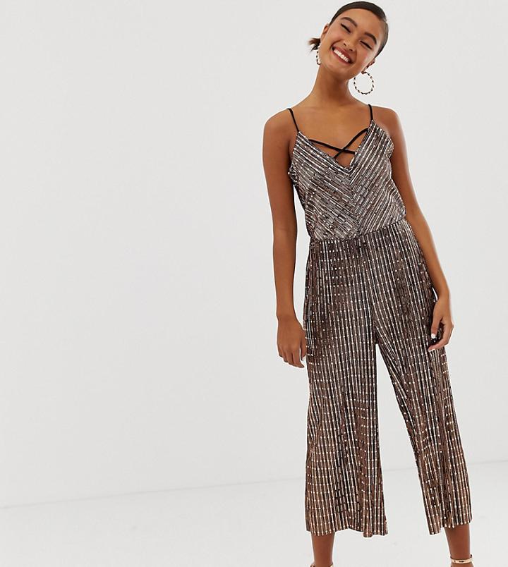 Miss Selfridge Wide Leg Jumpsuit In Bronze Sequin-copper