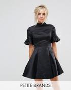 Chi Chi London Petite High Neck Mini Dress With 3/4 Sleeve And Frill Detail - Black