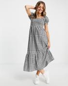 Cotton: On Shirred Body Maxi Dress In Black Gingham