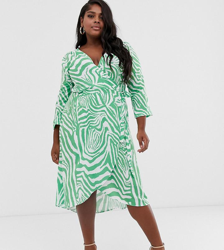 John Zack Plus Wrap Front Midi Skater Dress With Belt In Mint Zebra Print - Multi