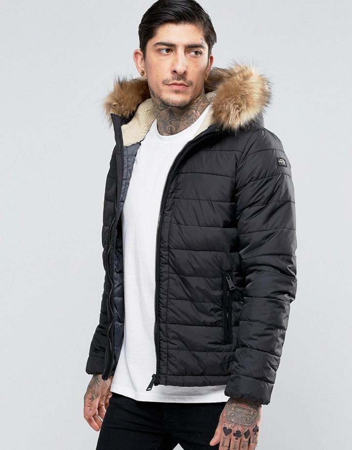 Schott Quilted Padded Hooded Jacket Detachable Faux Fur Trim - Black