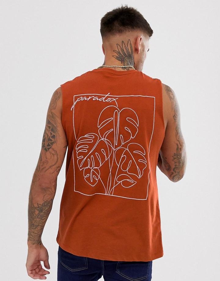 Asos Design Sleeveless T-shirt With Large Line Drawing Embroidery Detail - Brown