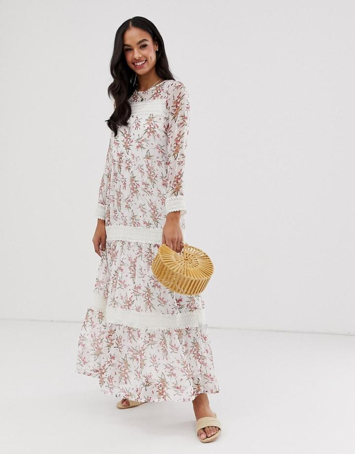 Y.a.s Festival Floral Sheer Maxi Dress With Crochet Detail-multi