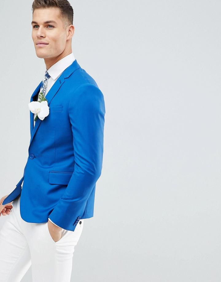 Asos Design Wedding Skinny Blazer In Bright Blue 100% Wool - Blue