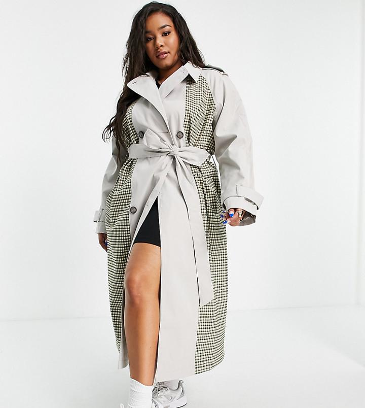 Asos Design Curve Spliced Check Trench Coat-green