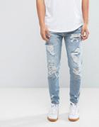 Pull & Bear Slim Ripped Jeans In Mid Wash - Blue