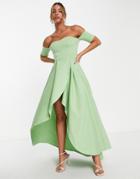 True Violet Off Shoulder High Low Dress In Sage Green