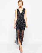 Asos Mesh Plunge Diamonte Maxi Dress - Navy