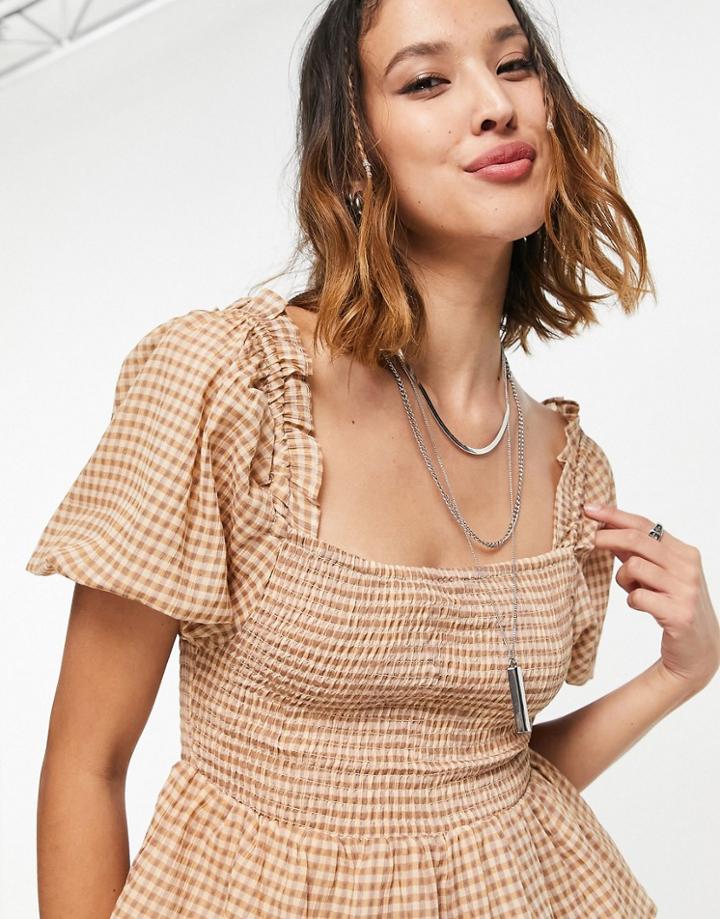 Violet Romance Shirred Blouse In Grid Print-brown