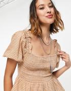 Violet Romance Shirred Blouse In Grid Print-brown