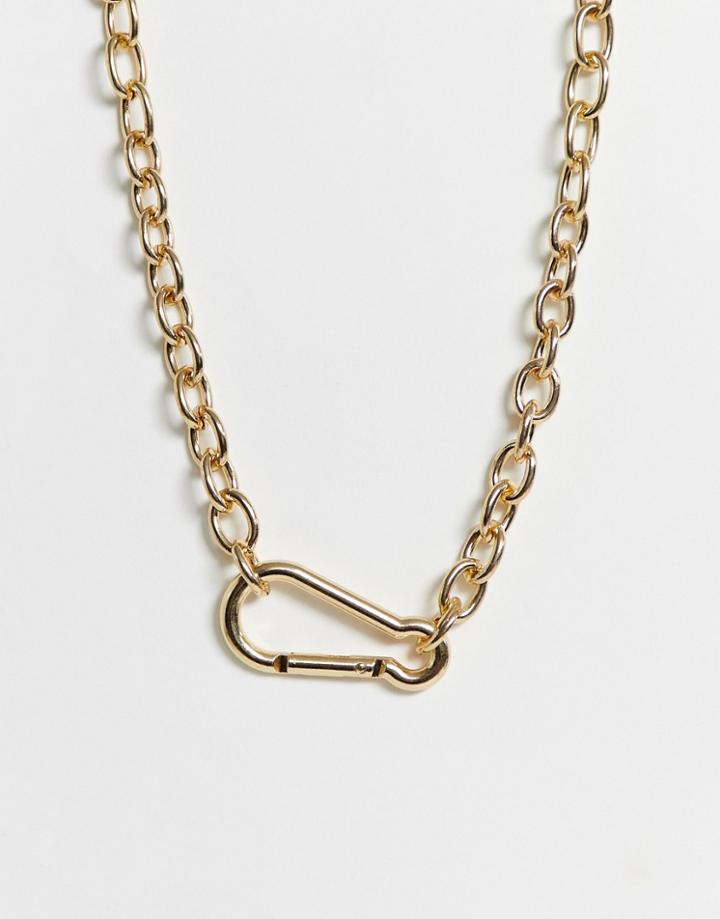 Asos Design Necklace With Chunky Contrast Chain And Carabiner Clasp In Gold Tone - Gold