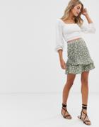 Asos Design Floral Ruffle Mini Skirt With Lace Insert And Tie-multi