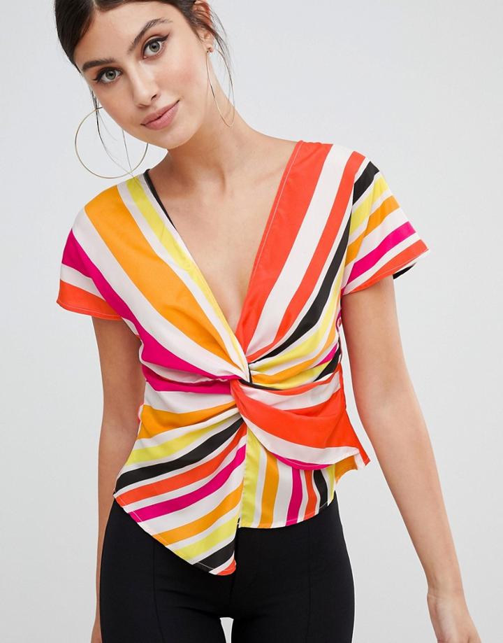 Prettylittlething Rainbow Stripe Twist Front Top - Multi