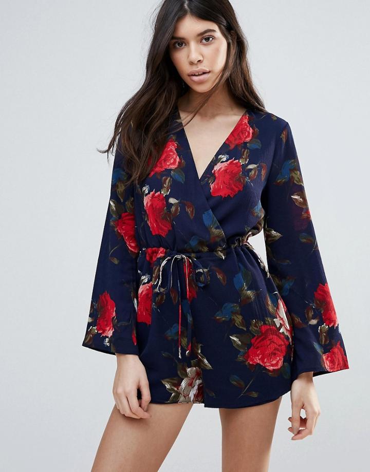 Parisian Floral Wrap Front Romper - Navy
