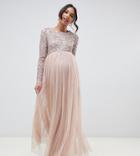 Maya Maternity Bridesmaid Long Sleeved Maxi Dress With Delicate Sequin And Tulle Skirt - Brown