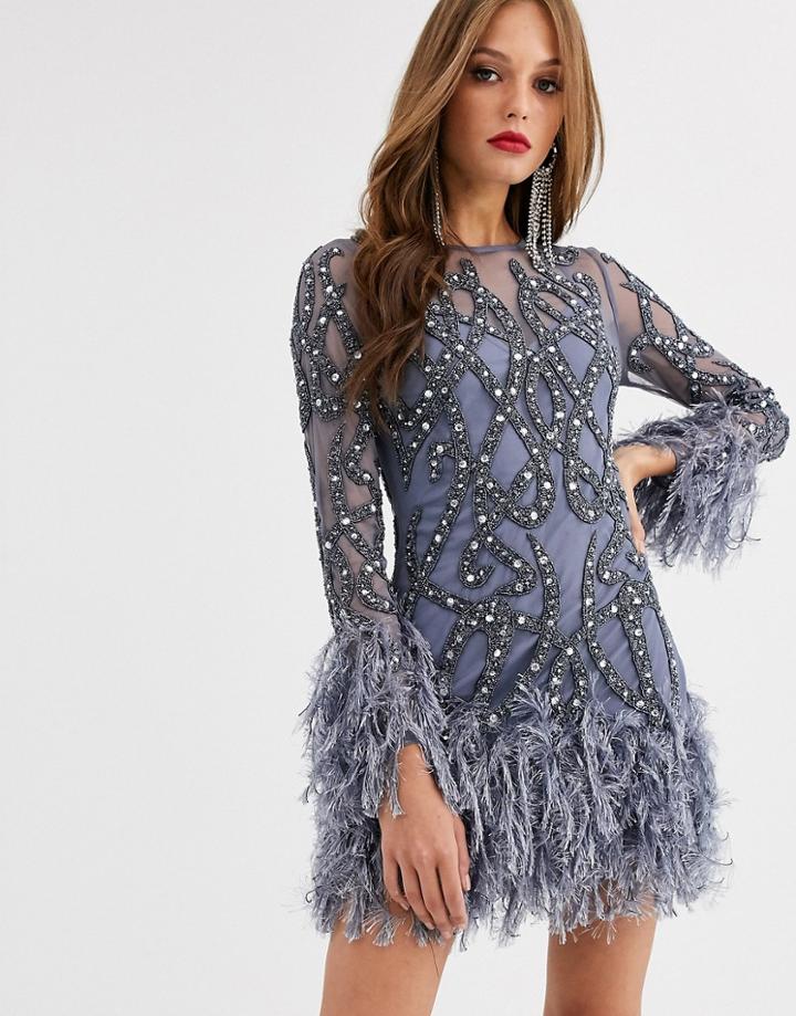 Asos Edition Crystal Embellished Mini Dress With Faux Feather Hem