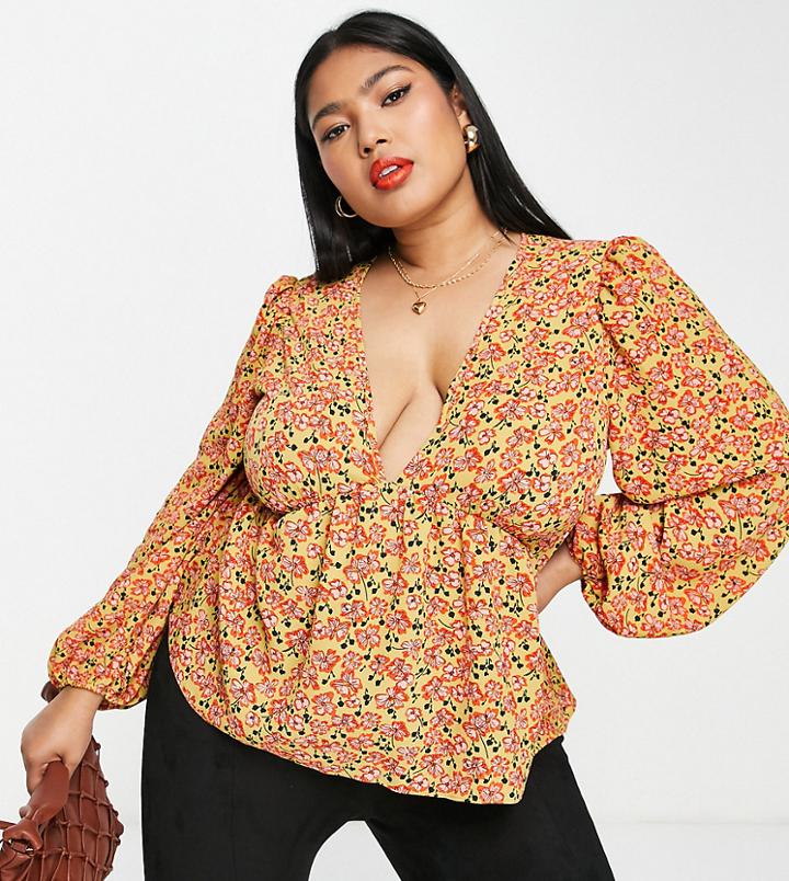 Asos Design Curve V Neck Volume Sleeve Top With Peplum Hem In Mustard Print-yellow