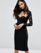 Misha Collection Sweetheart Pencil Dress With Eyelash Lace Sleeves - Black