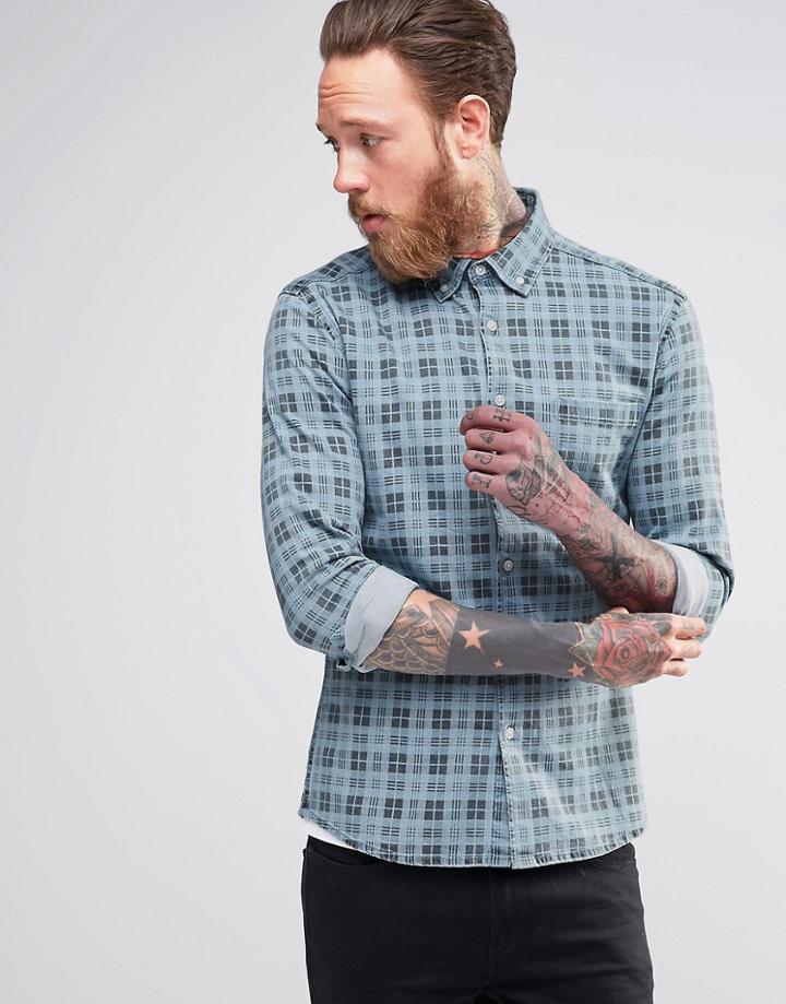 Asos Skinny Denim Shirt With Grid Check In Long Sleeve - Mid Wash
