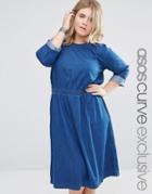 Asos Curve Denim Midi Skater Dress With 3/4 Sleeve - Blue