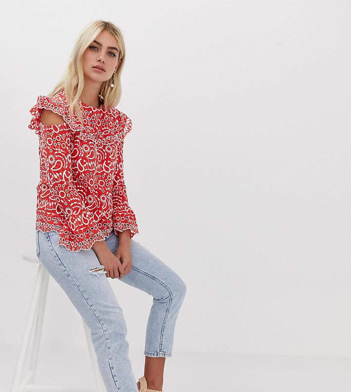 River Island Broderie Cold Shoulder Blouse - Red