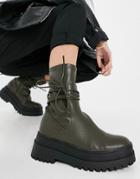 Public Desire Finale Chunky Flat Ankle Boots With Tie In Smooth Olive-green