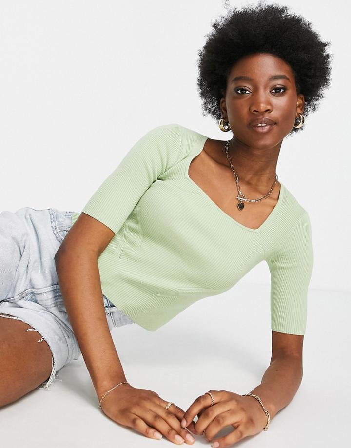 Miss Selfridge Sage Rib Knit Faux Pearl Cut Out Back Sweater-green