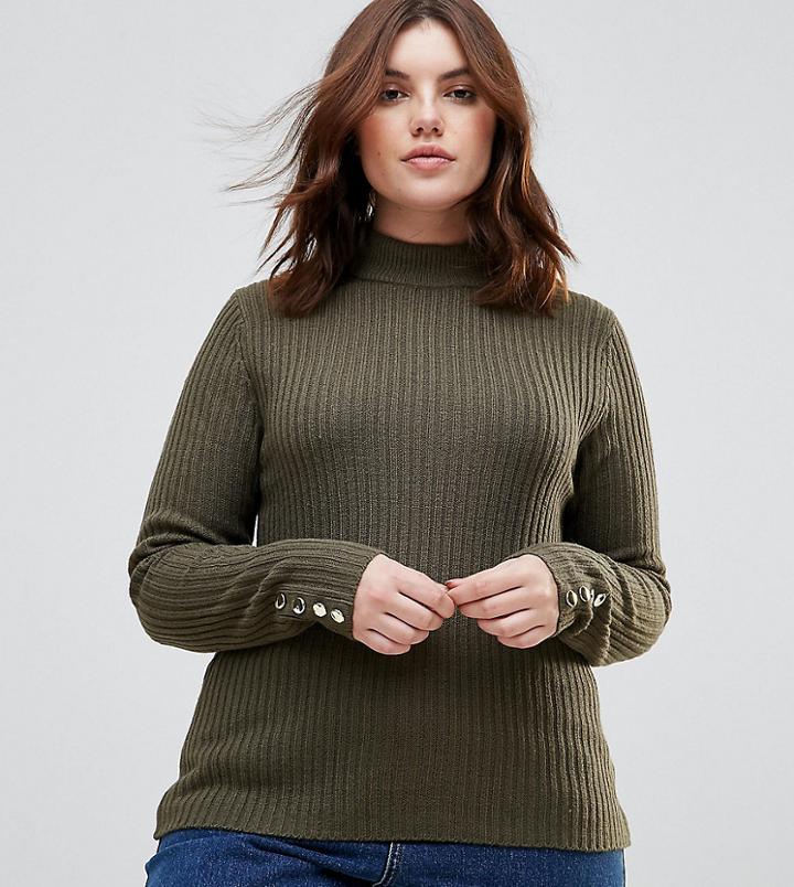 Brave Soul Plus Grace Rib Turtleneck Sweater With Button Cuffs - Green