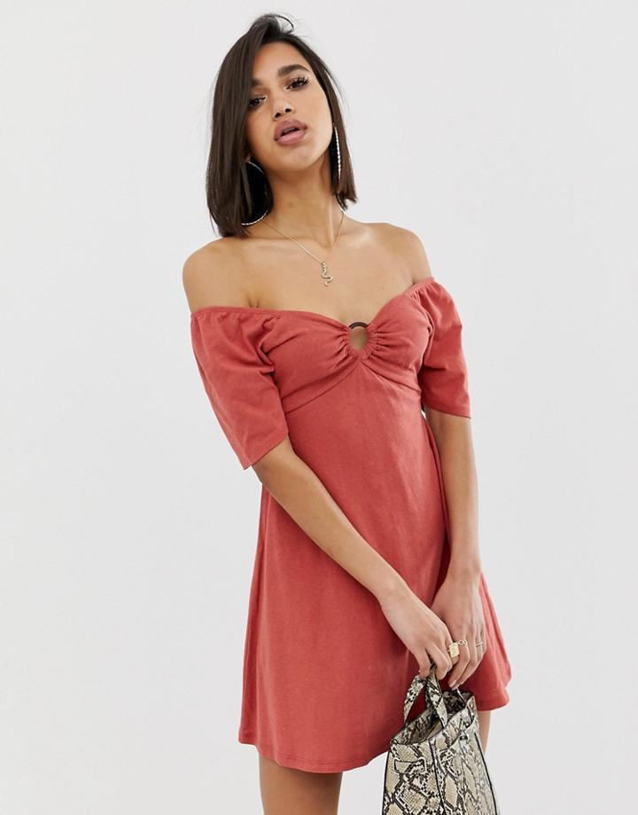Asos Design Slubby Mini Swing Dress With Faux Tortoiseshell Ring Detail - Red