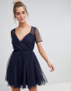 Asos Tulle Mini Dress With Sheer Sleeve-navy