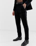 Asos Design Skinny Tuxedo Suit Pants In Black Leopard Glitter Velvet - Black