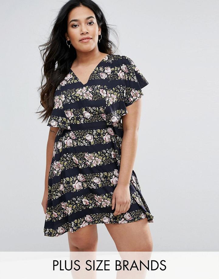Yumi Plus Cape Dress In Floral Stripe Print - Navy