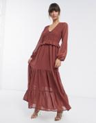 Asos Design Shirred Ruffle Tiered Maxi Dress In Brown