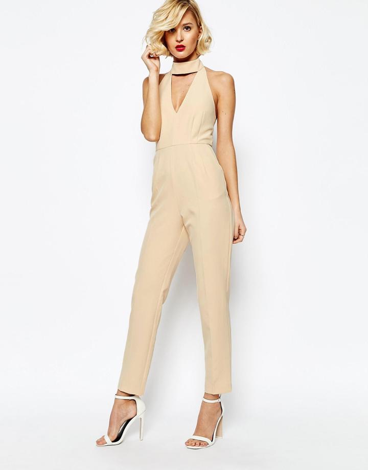 Lavish Alice Keyhole High Neck Deep Plunge Jumpsuit - Nude