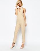 Lavish Alice Keyhole High Neck Deep Plunge Jumpsuit - Nude