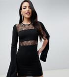 John Zack Tall Lace Insert Flared Sleeve Mini Dress In Black