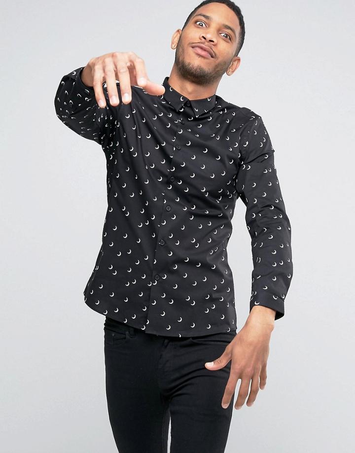 Asos Skinny Halloween Shirt In Black With Moon Crescent Print - Black