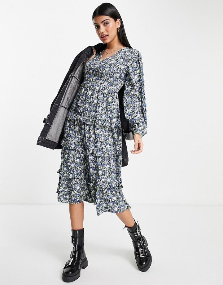 Influence V Neck Tiered Midi Dress In Blue Floral Print-multi